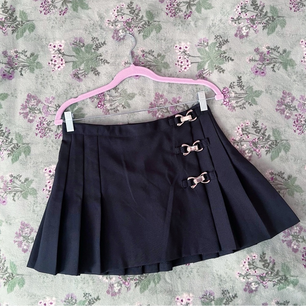 Black Pleated Mini Skirt with Buckle Accents